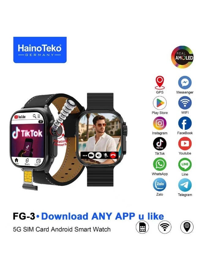Haino Teko HainoTeko FG-3 5G Android Smart Watch with Real AMOLED Display SIM Card Support and Social Media Integration Designed for Gents Black
